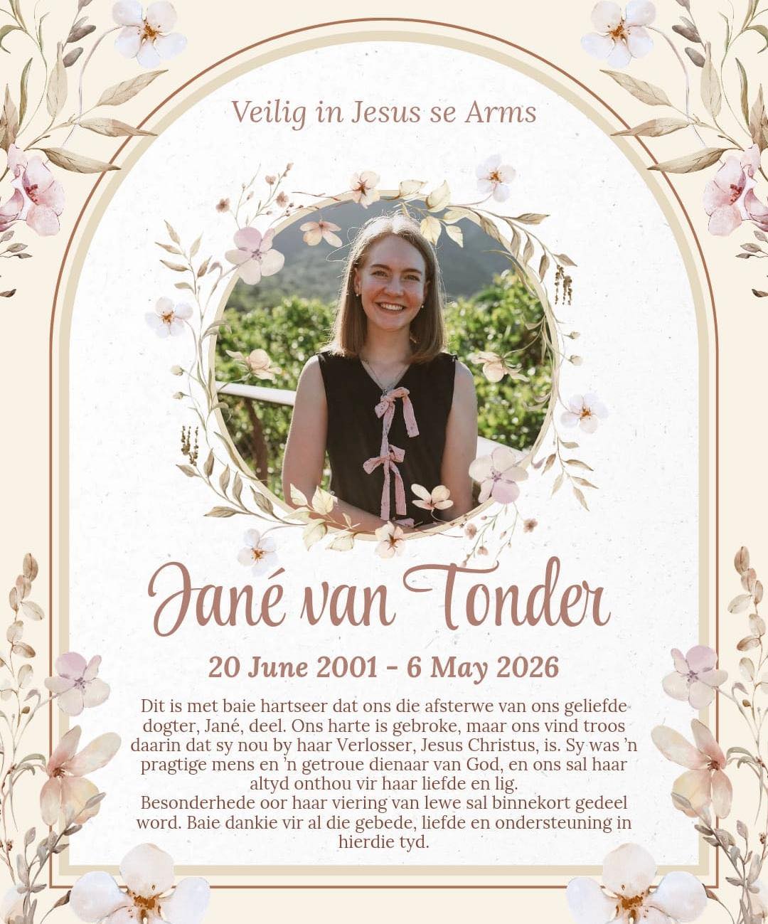 Jane Van Tonder Western Cape, SA Death-Obituary